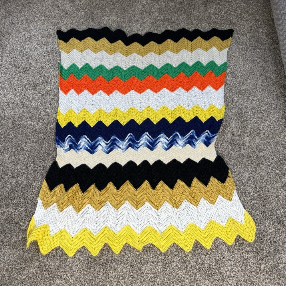 Handmade Vintage Crochet Afghan Blanket Zig Zag Multi Color 67x52